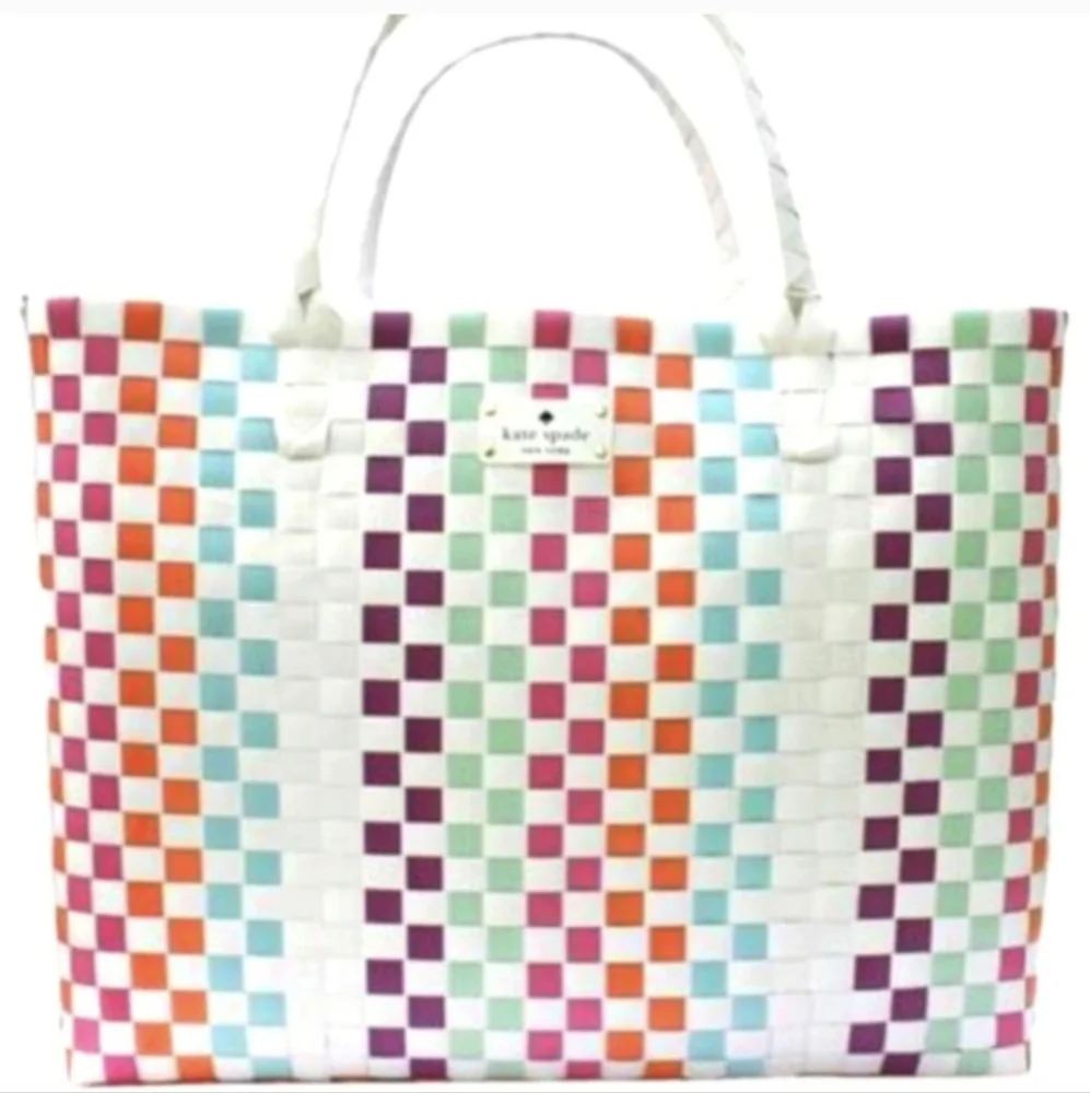 Kate Spade Multicolor Woven Tote Checkerboard Pastel Brights Striped Beach Bag L